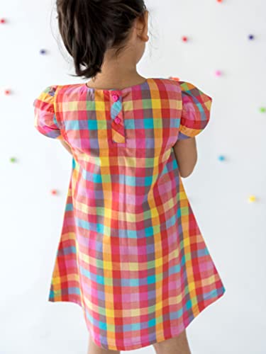 Image of Campana Girls Dress, Suzy with Bow, Rainbow Check Print, Multicolour, Stylish Dress for Girls, Fun & Casual Dress for Kids, Dress for Girls