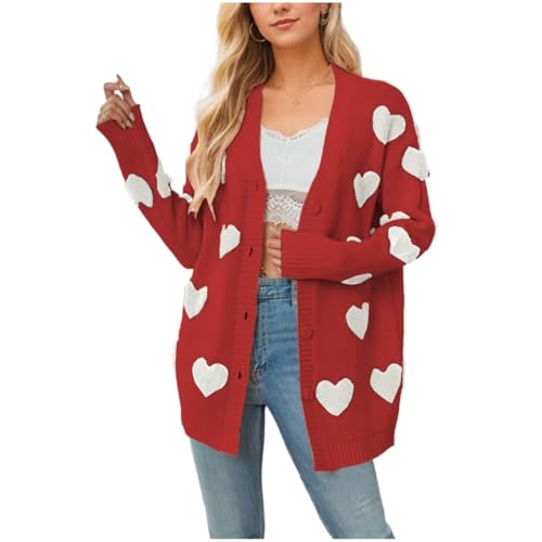 Image of Women Love Heart Graphic Oversized Sweaters Valentine Cute Cardigan Open Front Button Kawaii Preppy Aesthetic Clothes