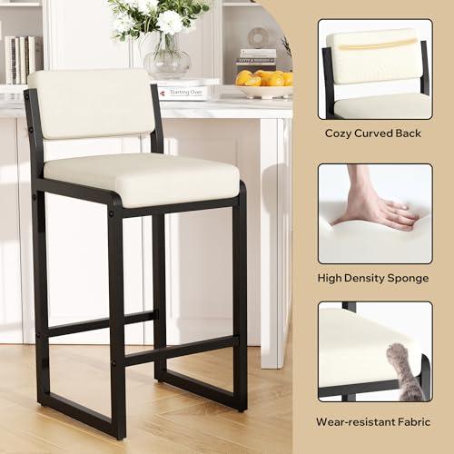 Image of 26IN Modern Bar Stools Set of 2, Fabric Counter Height Barstools with Back and Footrest, Sturdy Thickened Metal Leg, Kitchen Bar Chairs for Island, Beige