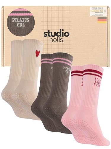 Studio Nolis Pilates Socken Grip - Crew Socks - 3er Set - Stoppersocken - Yoga Gym Reformer Barre Training Sport - mit Noppen - Oekotex 100 Baumwolle (35-38 Burn Baby Burn)