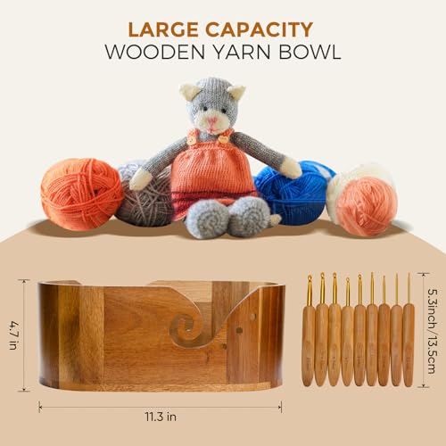 Image of Miglaja Yarn Bowl - Large Size Wooden Yarn Holder, Smooth Crochet Bowl with 9pcs Knitting Hooks Yarn Bowls for Crocheting Yarn Storage (Without Lid)