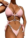 MakeMeChic Women's 2 Piece Bathing Suits Rhinestone Chain Halter Triangle Knot Side Bikini Set Swimsuit Light Pink S