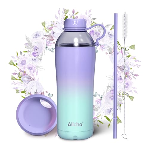 Allcho Insulated Water Bottle for Women, 18 oz Stainless Steel Water Bottles, Double Walled, 2 Lids (Chug & Tumbler) - Hydrate & Caffeinate, Gifts