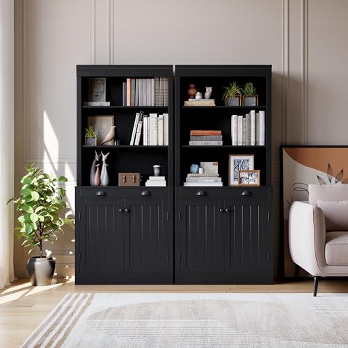 GarveeHome 5-Tier Bookshelf, 70 Inch Tall Bookcase with 2 Doors and 1 Drawer, Modern Pantry Sideboard with Adjustable Shelf, Wooden Storage Cabinet for Living Room, Study, Home Office, Black