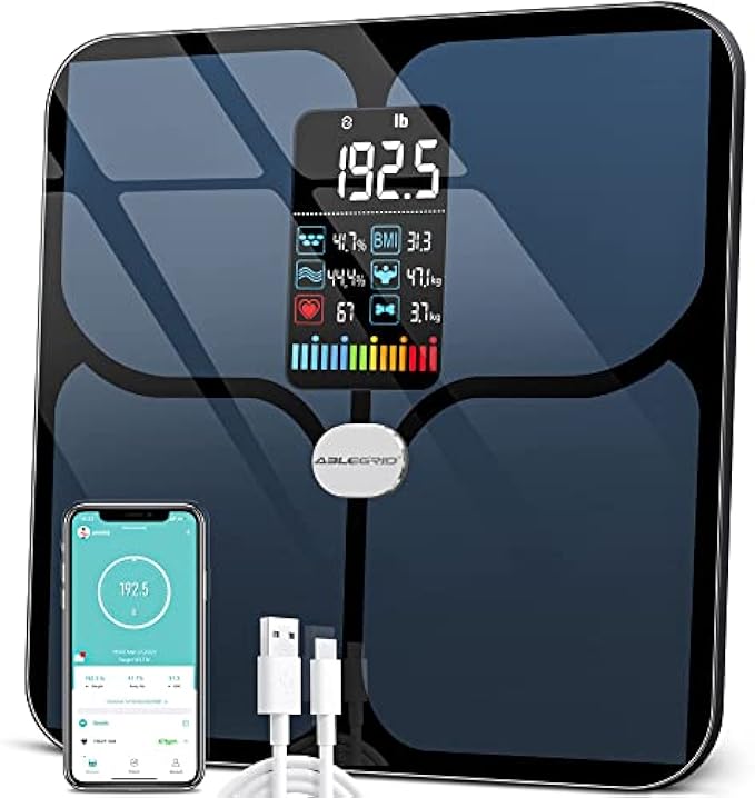 Body Fat Scale, ABLEGRID Digital Smart Bathroom Scale for Body Weight, Large LCD Display Screen, 16 Body Composition Metrics BMI, Water Weigh, Heart Rate, Baby Mode, 400lb, Rechargeable