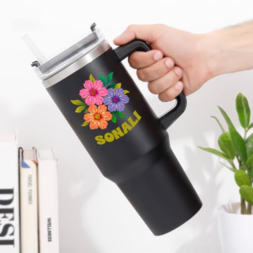 Image of IGP Personalized Large Travel Mug | Same Day Delivery | Matte Black Tumbler with Custom Name & Flowers | Cupholder Friendly | for Him & Her, Office & Gym