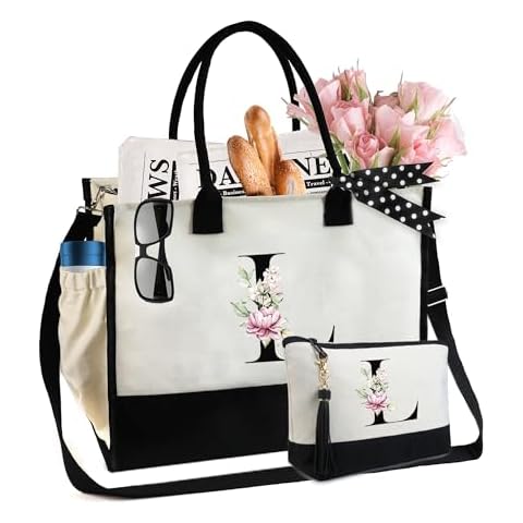 BeeGreen Flora Tote Bag Personalized Gifts for Women w Top Zipper, Baskets for Gifts Empty w Inner & Side Pouch, Bridal Tote Bags Initial Canvas Tote Bag for Mom,Teacher,Friends,Bridemaid L Cover