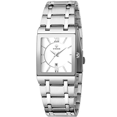 Relojes cuadrados para hombres y mujeres, reloj cuadrado de acero inoxidable para hombre, con fecha, impermeable, analógico, cuarzo, moderno, casual, negocios, 36I, blanco plateado