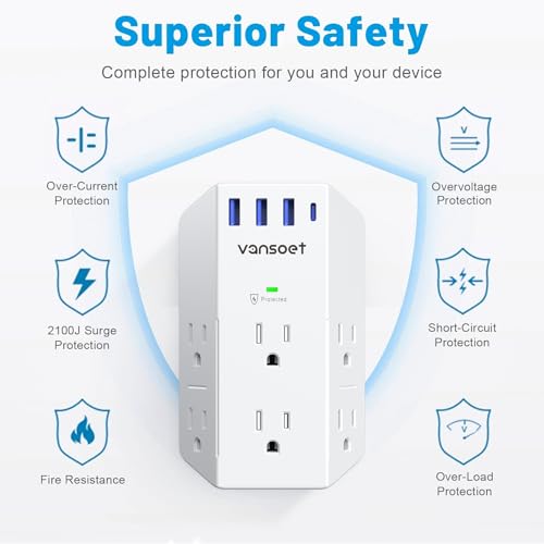Extensión de toma múltiple Vansoet con 6 salidas y 4 puertos USB (1 USB C PD 20W), protector de sobretensión de 2100J, tomas en 3 lados para viaje, hogar, oficina, dormitorio miniatura 2