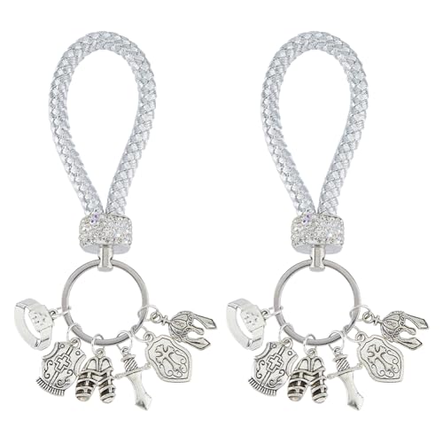 SUPERFINDINGS 2Pcs Christian Armor of God Keychain Antique Silver Braided