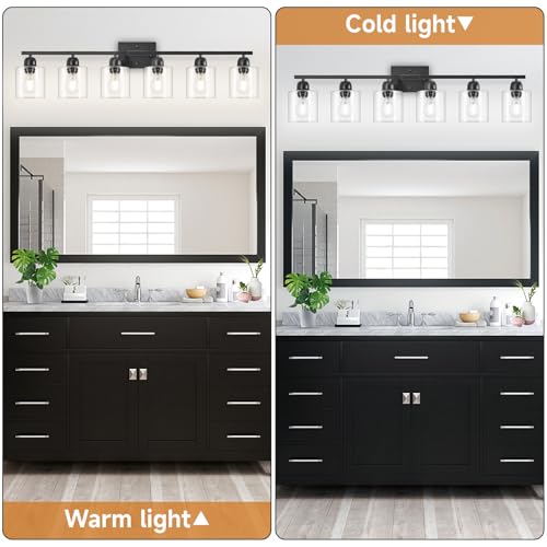 Image of Black 6-Light Bath Vanity Lights for Mirror, Restroom Lights Fixtures with with Clear Glass Shades,Bathroom Over Sink Light Fixtures, Bathroom Light Fixtures Over Mirror