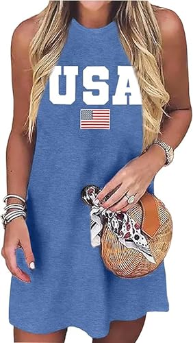 Image of American Flag Tank Dress for Women 4th of July Patriotic Graphic Sleeveless Mini Dress Casual Vacation Short Dresses