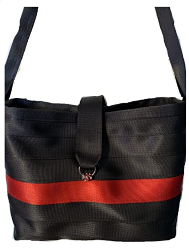 Large Seat Belt Tote with flap in black and red, Various Lining Choices, Washable and Durable