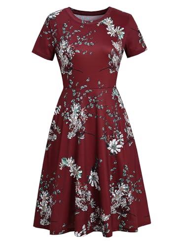 Image of Women's 2026 Fit and Flare Dress Summer Casual Elegant Vintage Floral Printed Work Party A-line Dress with Pockets 162