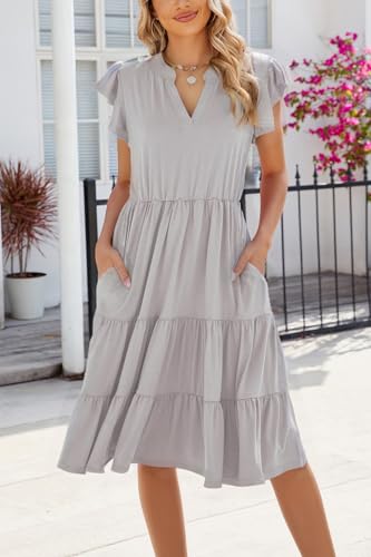 Image of Womens Summer Dress Ruffle Sleeve V Neck Midi Dresses Casual Fit Flowy Tiered Boho Beach Vacation Sundress