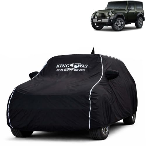 Image of KINGSWAY Super Waterproof Car Cover Only with Mahindra Thar (Year 2025 Onwards - All Model) | Mirror and Antenna Pockets | All Weather Car Body Cover with Silver Piping | Black
