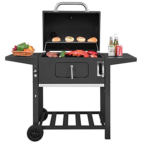 WYX Trolley BBQ Grill, Charcoal BBQ with 2 Side Table Racks, Adjustable Grill & Temperature Gauge - Portable Patio American Style Grill and Smoker