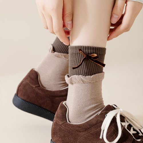Image of Yomutiur Crew Socks for Women, Double Ribbed Sock Cuff with Cute Bow Sweet Cotton Rolled Socks Odor-resistant