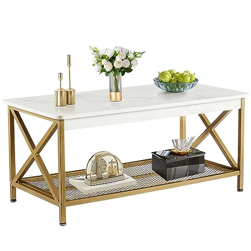 VECELO Coffee Table with Storage Shelf for Living Room,Industrial Style,Easy Assembly, Gold VECELO Coffee Table with Storage Shelf for Living Room,Industrial Style,Easy Assembly, Gold