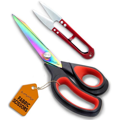 STYLIFYZ Fabric Scissors 9.5 Inch Heavy Duty Titanium Coated Stainless Steel Dressmaking Scissors Extra Sharp Sewing Scissors for Fabric Cutting Tailors Scissors with Soft Grip (Red/Black)