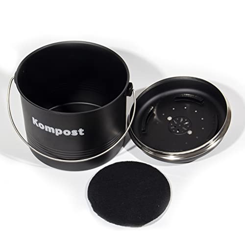 Theo&Cleo Biomülleimer Küche 7 L, Bio Mülleimer Geruchsdicht mit Aktivkohlefiltern, Komposteimer Metall, Biomüll Retro (Mattschwarz)