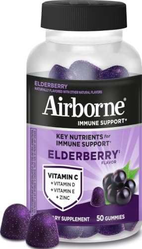 Image of Airborne Elderberry + Zinc & Vitamin C Gummies For Adults, Immune Support Vitamin D & Zinc Gummies With Powerful Antioxidant Vitamins C D & E - 50 Gummies, Elderberry Flavor | Powerful Antioxidants, Elderberry Flavor, Immune Support Supplements, Immune health, Gummies for Adults, Multivitamin, Tasty