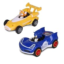 NKOK Sonic Transformed All-Stars Racing 2 Pack Pull Back Action Tails and Sonic Hedgehog, Two Vehicles, Video Game Legends, No Batteries Required, Pull Back Release - and Watch it go