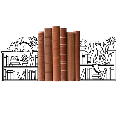 TWINKLEMON 1 Pair Book Ends for Shelves, Creative Black Metal Bookends, Dragon & Bookshelf Shape Book Holder, Quirky Books Organiser Stopper for Home Office Bookworms Bookshelf Accessories(Dragon)