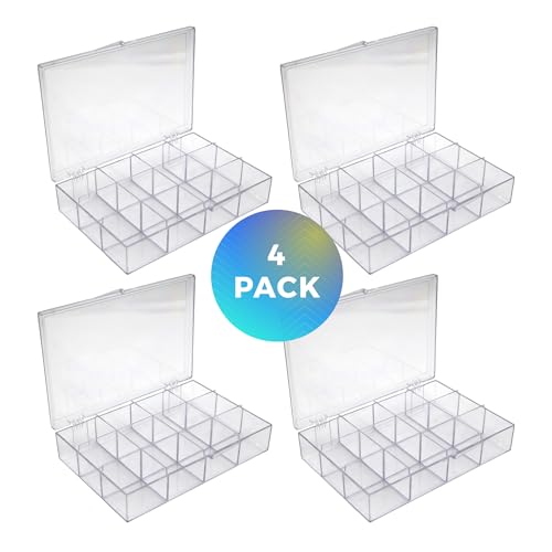 Image of 4 Clear Hard Plastic 12-Compartment Tackle Boxes with Hinged Lid, 7 3 /8 inchL x 5 inchW x 1 1 /2 inchH Made in USA, Acrylic Bead Organizer, Craft Storage, Candy Tackle Box or Rock Collection Box