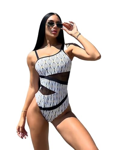 LSYHHXC Traje de baño Sexy de una Pieza con un Hombro y Hombros Descubiertos, Traje de baño de retales de Malla, Traje de baño(White Print,XL)
