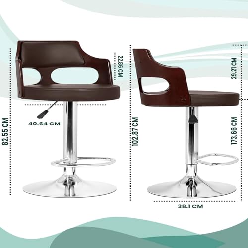 Image of Modern Adjustable Office Chair with Curved Wooden Back, Brown Leather Seat, Chrome Base, Swivel Design for Home Office