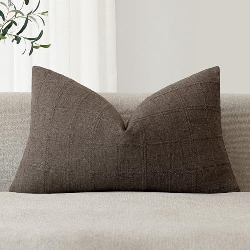 Image of Foindtower Set of 1 Decorative Linen Check Throw Pillow Cover Neutral Farmhouse Lumbar Cushion Cover Modern Boho Home Decor for Sofa Chair Couch Bedroom Living Room,12x20 Inch,Dark Brown