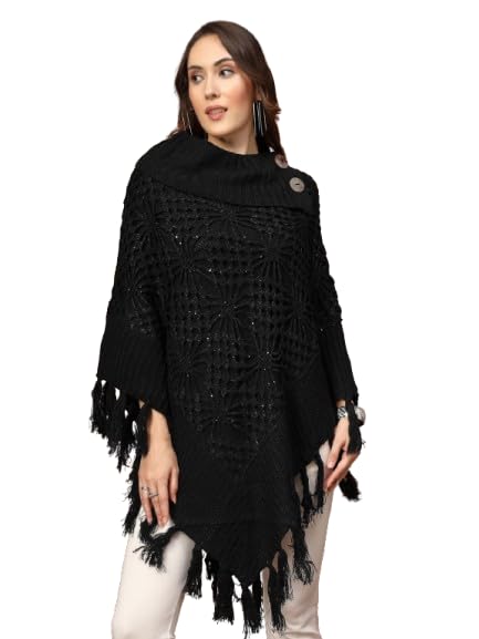 mafadeny Cowl Neck Crochet Poncho with Button & Fringe Trim-picture-50