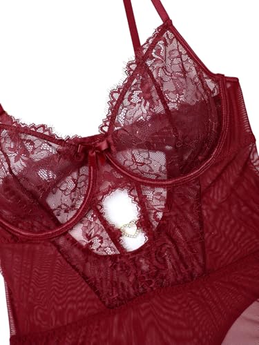 Image of Lilosy Sexy Lingerie Set 3 Piece Women Corset Bodysuit Skirt | Rhinestone Heart Stocking Garter Plus Size Underwire Mesh Sheer Lace Push Up Babydoll Halloween Christmas Valentine's Bridal
