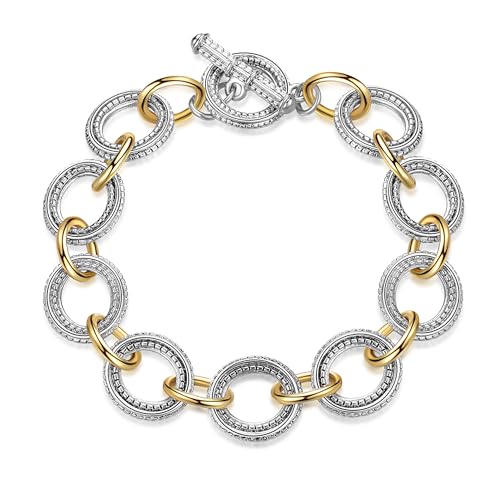 Cable Link Chain Bracelets for Women, Two Tone Link Bracelets Gold and Silver Circles Vintage Bracelets Wire Bangle Designer Inspired Jewelry Gifts