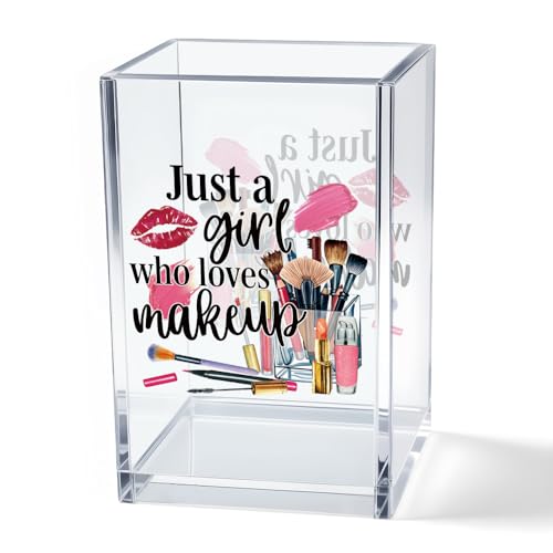 Image of Just A Girl Who Loves Makeup Acrylic Makeup Brush Organizer Holder, Girls Desk Acrylic Brushes Storage, Christmas Birthday Gifts for Daughter Niece Sister BFF Make Up Artist Makeup Lover