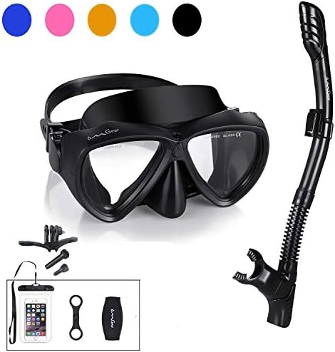 Snorkel Set Snorkeling Gear Package Diving Set Premium Silicone Dive Mask Snorkel Equipment Goggles Anti-fog Anti-leak Neoprene Mask Strap Scuba Diving Freediving Spearfishing Swimming (black-camera)