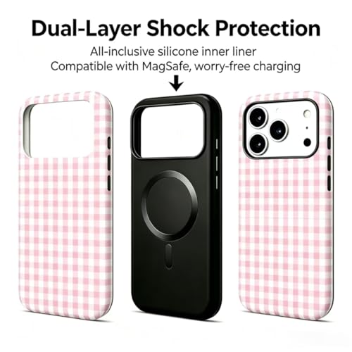 Image of for iPhone 17Pro Case Cute Phone Case,Compatible with MagSafe,Dual Layer Shockproof Protective Phone Cover,Hard Shell + Silicone Cover,Fashion Design for Women Girls,Pink and White Plaid