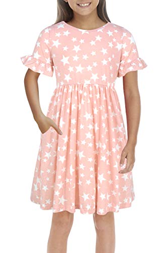 GORLYA Girl's Simply Ruffle Sleeve Elegant Smock Style Casual Midi Dress with Pockets for Kids 4-12 Years (GOR1010,9-10Y,Pink Star)
