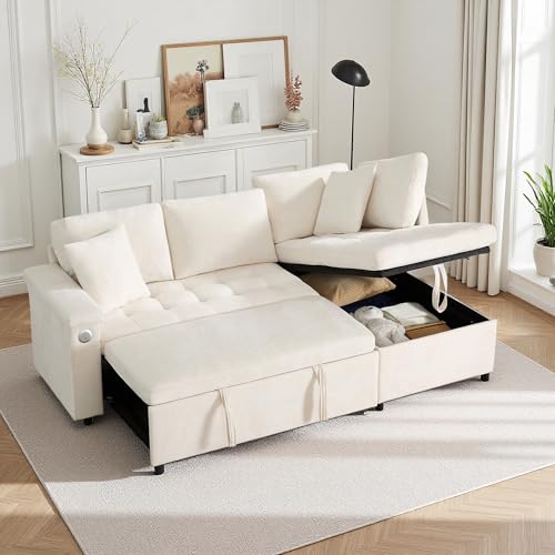 Vepssder - Sofá esquinero convertible en L con puerto de carga USB, espacio de almacenamiento, almacenamiento de reposabrazos y 2 almohadas, sofá de 3 plazas con sofá cama nido y chenille (nieve)