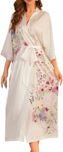 MEDUOLA Peignoirs de bain été pour Femme Peignoire Kimono de Satin Pyjama en Soie Imprimée Chemise de Nuit Longue Sexy et Éléganteà blanc