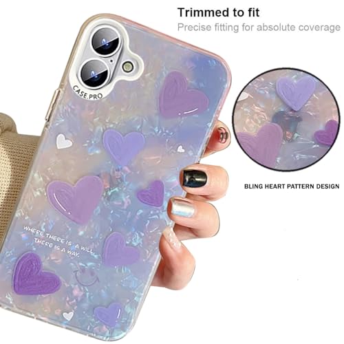 Image of mobistyle Designed for iPhone 16 Plus Cover Cool Shining Shell Love Heart Pattern Design with TPU Edges Phone Back Cover Case for Girls & Women (Purple)