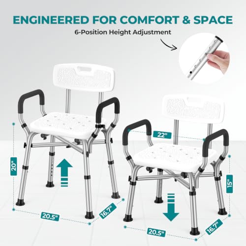 Image of Shower Chair for Inside Shower with Arms & Back, 550 lbs, 6 Heights | Dual Crossbar Frame, Non-Slip Feet, 22-Inch EVA-Cushioned Seat, Showerhead Holder, Rust-Resistant Aluminum, Tool-Free Setup