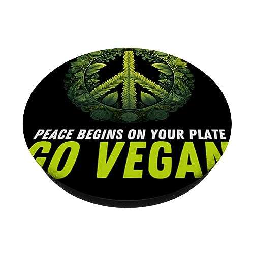 Go Vegan Vegetarian Hippie Peace Begins On Your Plate PopSockets Swappable PopGrip, Black - Image 2