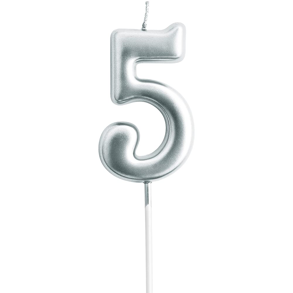 Eusbon Number 5 Birthday Candle 5 For Cakes, 7Cm Big Size Number Candle For Cake Decoration, Birthday Party, Wedding Anniversary, Silver