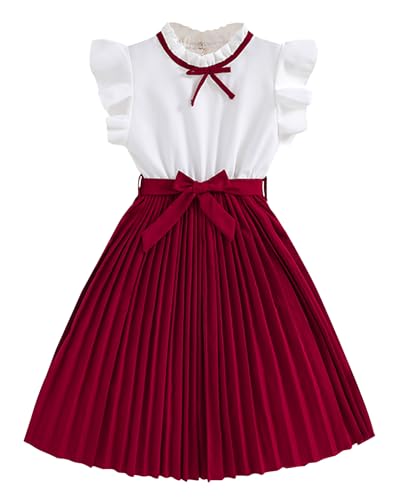 Kids Girls Dress Ruffle Sleeve Pleated Dresses Colorblock A-Line Sundress Casual Button Summer Dress 8-12 Years