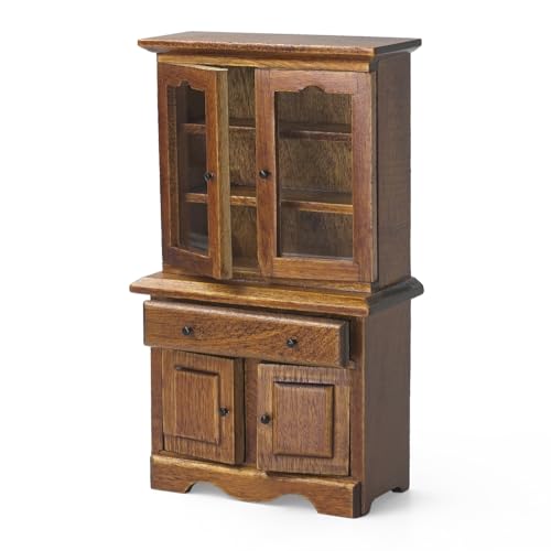 Odoria Casa de Muñecas Vitrina Miniatura: Escala 1/12 Aparador Alacena Cocina Comedor Vintage - Mini Librería Estantería para Libros Salón Oficina - Pequeño Mueble Madera Victoriana Marrón