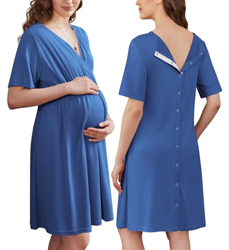 Image of Ekouaer Labor and Delivery Gown for Hospital Short Sleeve Maternity Nursing Dress Nightgown with Button S-XXL