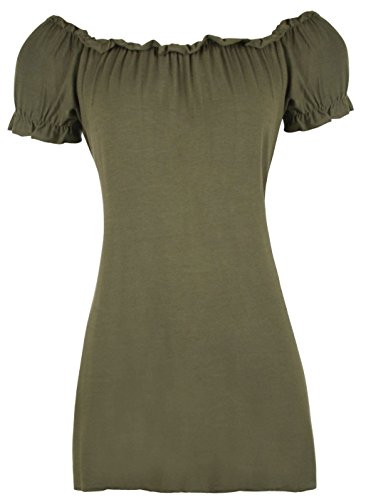 Purple Hanger New Ladies Off Shoulder Gathered T-Shirt Tops Womens Gypsy Boho Ruched Elasticated Stretch Top Plus Size Khaki Size 26 – 28