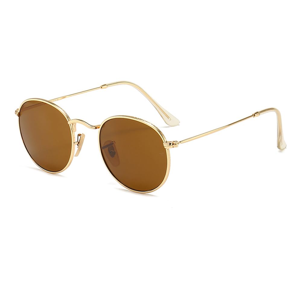 Frissin Men's Gold Brown Round Sunglasses Wo Uv400 Protection Coated Mirror Lenses Metal Frame Lightweight Sun Glasses Minimalist Sunnies Outdoor Street Travel